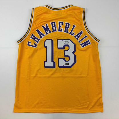 Facsimile Autographed Wilt Chamberlain Los Angeles LA Yellow Reprint Laser Auto Basketball Jersey Size Men's XL