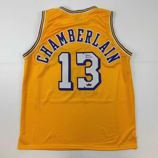 Facsimile Autographed Wilt Chamberlain Los Angeles LA Yellow Reprint Laser Auto Basketball Jersey Size Men's XL