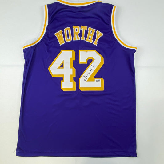 Autographed/Signed James Worthy Los Angeles LA Purple Basketball Jersey Steiner COA
