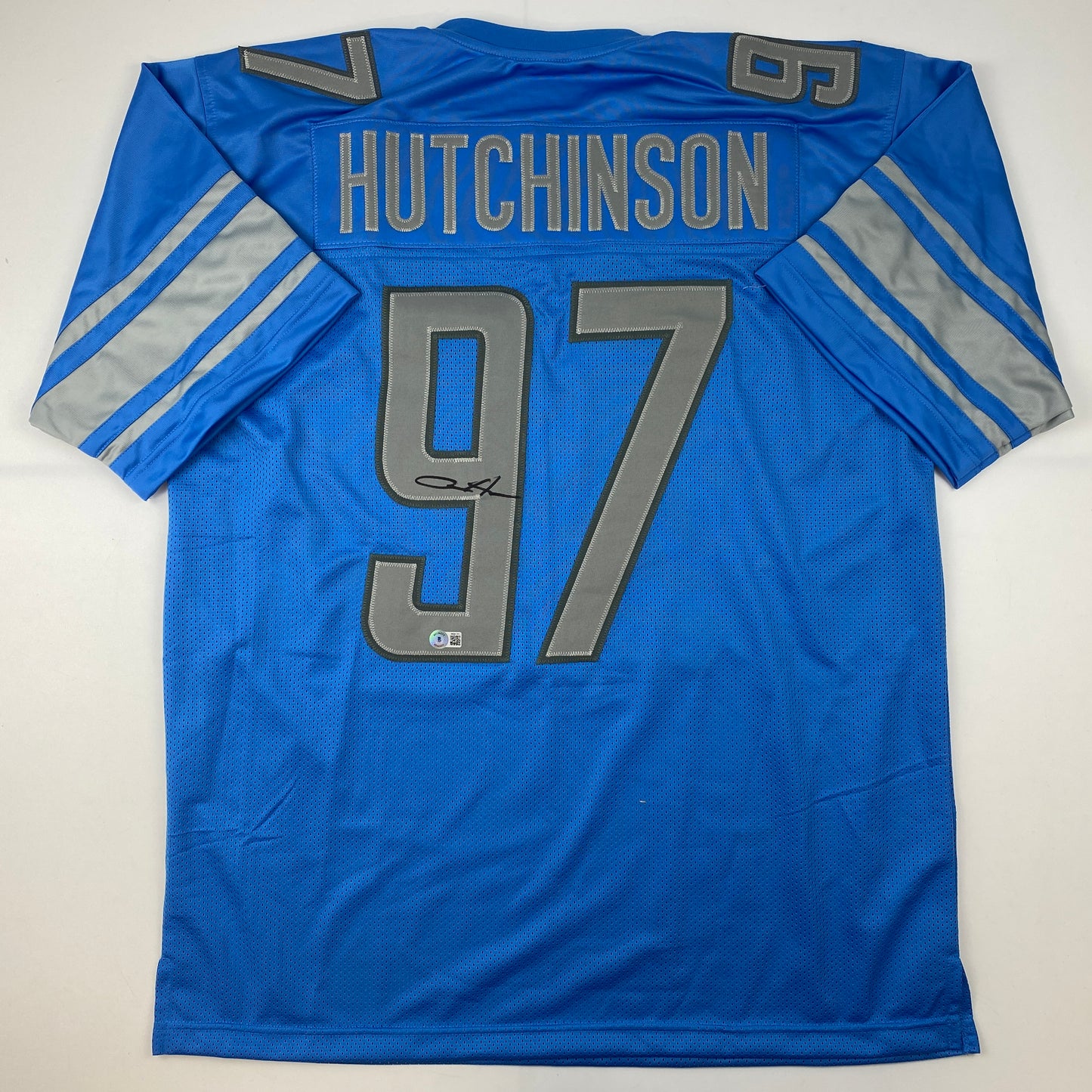 Autographed/Signed Aidan Hutchinson Detroit Blue Football Jersey Beckett BAS COA
