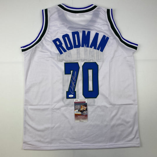 Autographed/Signed Dennis Rodman Dallas White Basketball Jersey JSA COA