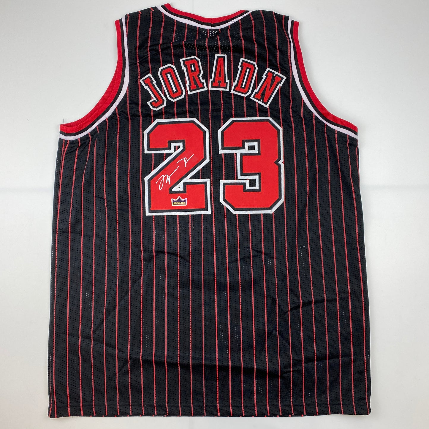 Facsimile Autographed Michael Jordan Chicago Black Pinstripe Reprint Laser Auto Basketball Jersey Size Men's XL