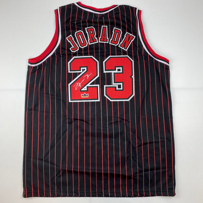 Facsimile Autographed Michael Jordan Chicago Black Pinstripe Reprint Laser Auto Basketball Jersey Size Men's XL