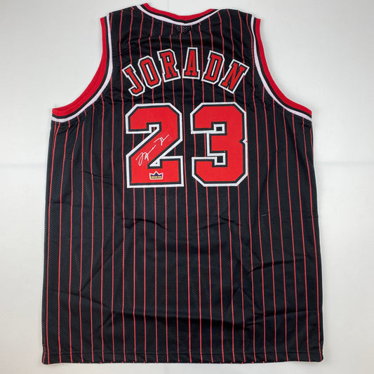 Facsimile Autographed Michael Jordan Chicago Black Pinstripe Reprint Laser Auto Basketball Jersey Size Men's XL