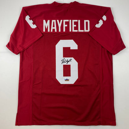 Facsimile Autographed Baker Mayfield Oklahoma Red Reprint Laser Auto College Football Jersey Size Men's XL