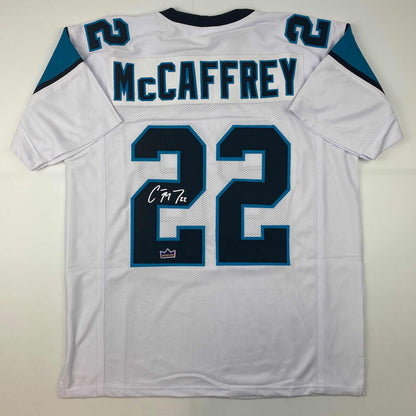 Facsimile Autographed Christian McCaffrey Carolina White Reprint Laser Auto Football Jersey Size Men's XL