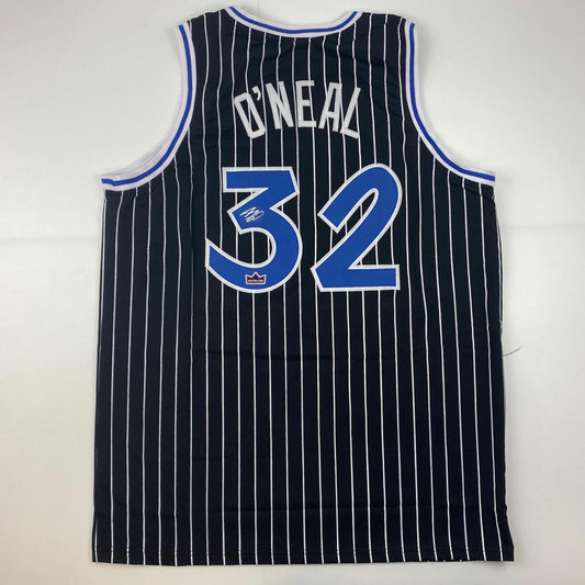 Facsimile Autographed Shaquille Shaq O'Neal Orlando Black Pinstripe Reprint Laser Auto Basketball Jersey Size Men's XL
