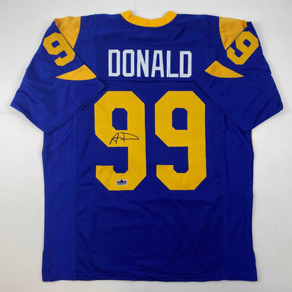Facsimile Autographed Aaron Donald Los Angeles LA Royal Blue Retro Reprint Laser Auto Football Jersey Size Men's XL