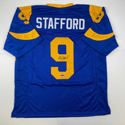 Facsimile Autographed Matthew Stafford Los Angeles LA Royal Blue Retro Reprint Laser Auto Football Jersey Size Men's XL