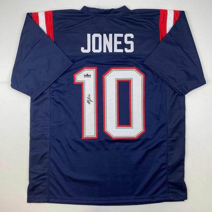 Facsimile Autographed Mac Jones New England Blue Reprint Laser Auto Football Jersey Size Men's XL