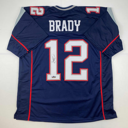 Facsimile Autographed Tom Brady New England Blue Reprint Laser Auto Football Jersey Size Men's XL