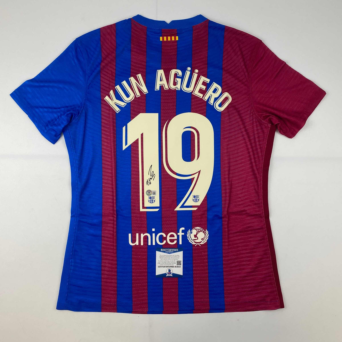 Autographed/Signed Sergio Kun Aguero FC Barcelona Red/Blue Soccer Futbol Jersey Beckett BAS COA