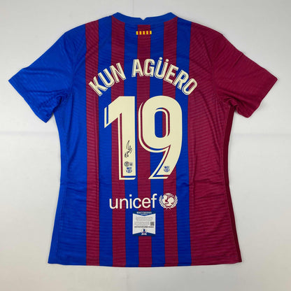 Autographed/Signed Sergio Kun Aguero FC Barcelona Red/Blue Soccer Futbol Jersey Beckett BAS COA