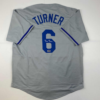 Facsimile Autographed Trea Turner Los Angeles LA Grey Reprint Laser Auto Baseball Jersey Size Men's XL