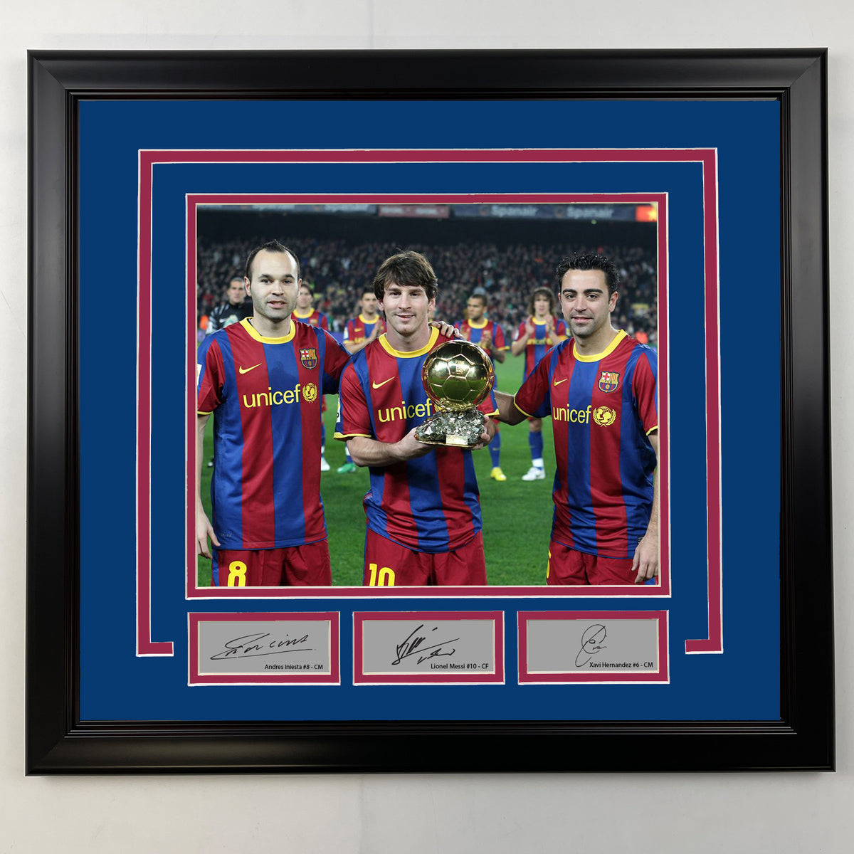 Framed Andres Iniesta, Lionel Messi and Xavi Facsimile Laser Engraved Signatures Barcelona 19x21 Soccer Photo