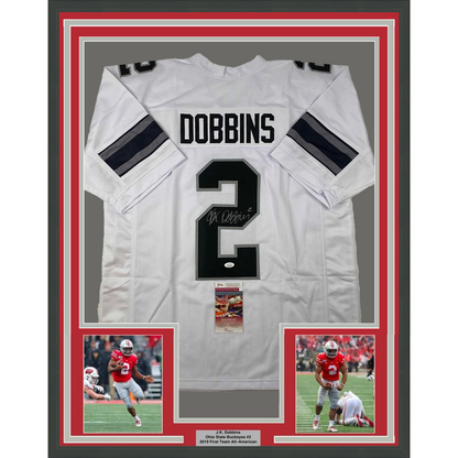 Framed Autographed/Signed JK J.K. Dobbins 35x39 Ohio State White Alternate College Football