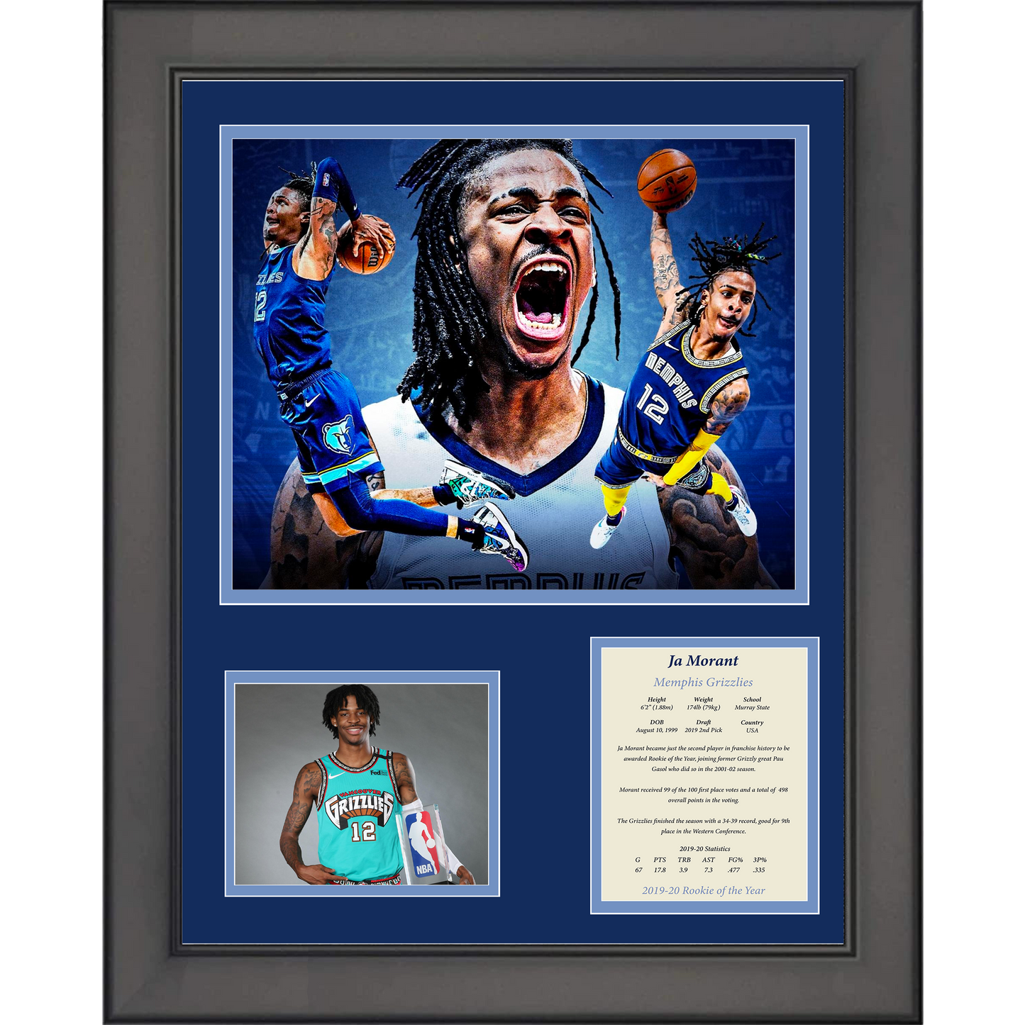 Framed Ja Morant 2019-20 Rookie of the Year Memphis Grizzlies Basketball 11"x14" Three Photo Collage