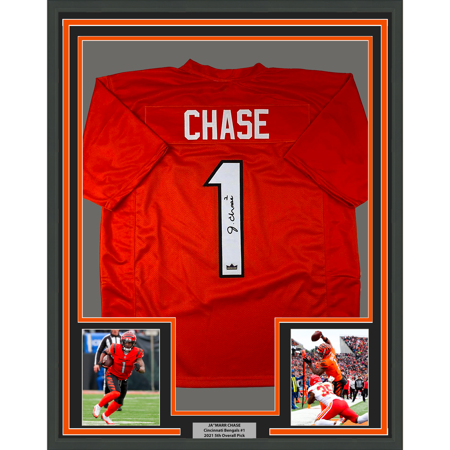Framed Facsimile Autographed Ja'Marr Chase 35x39 Cincinnati Orange Reprint Laser Auto Football Jersey Size Men's XL