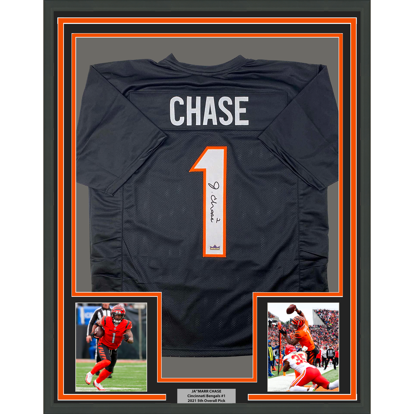 Framed Facsimile Autographed Ja'Marr Chase 35x39 Cincinnati Black Reprint Laser Auto Football Jersey Size Men's XL