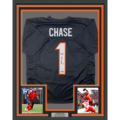 Framed Facsimile Autographed Ja'Marr Chase 35x39 Cincinnati Black Reprint Laser Auto Football Jersey Size Men's XL