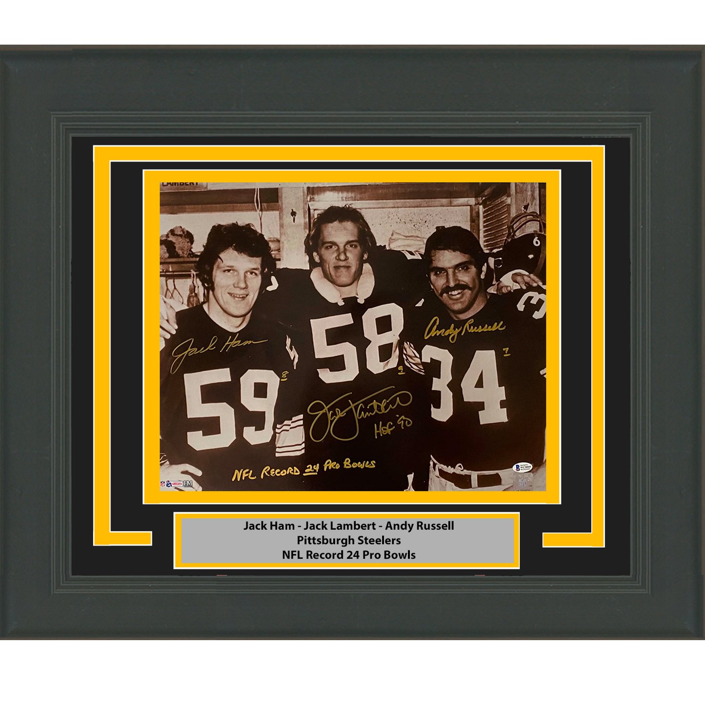 Framed Autographed/Signed Jack Ham Jack Lambert Andy Russell Pittsburgh Steelers 16x20 Football Photo Beckett BAS COA