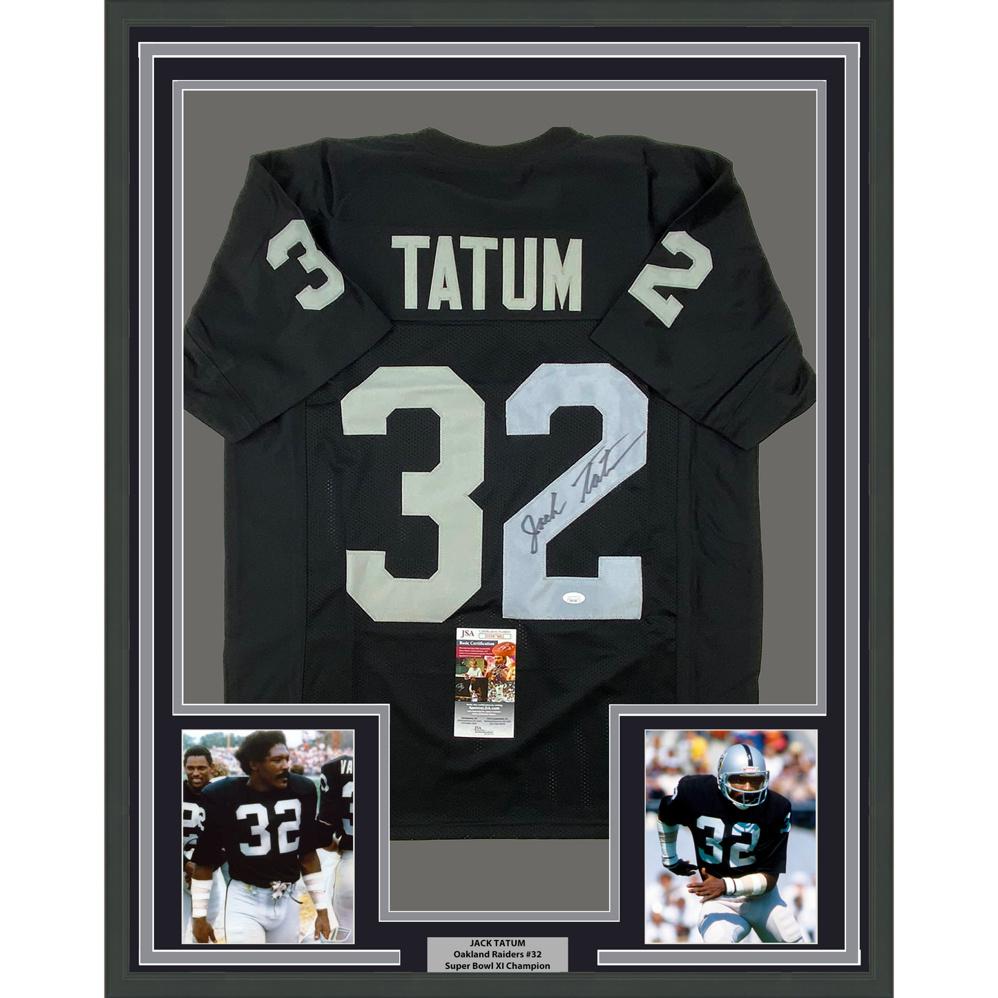 Framed Autographed/Signed Jack Tatum 35x39 Oakland Black Football Jersey JSA COA #1