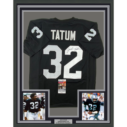 Framed Autographed/Signed Jack Tatum 35x39 Oakland Black Football Jersey JSA COA #2
