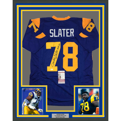 Framed Autographed/Signed Jackie Slater 35x39 HOF 01 Los Angeles LA Retro Blue Football Jersey JSA COA