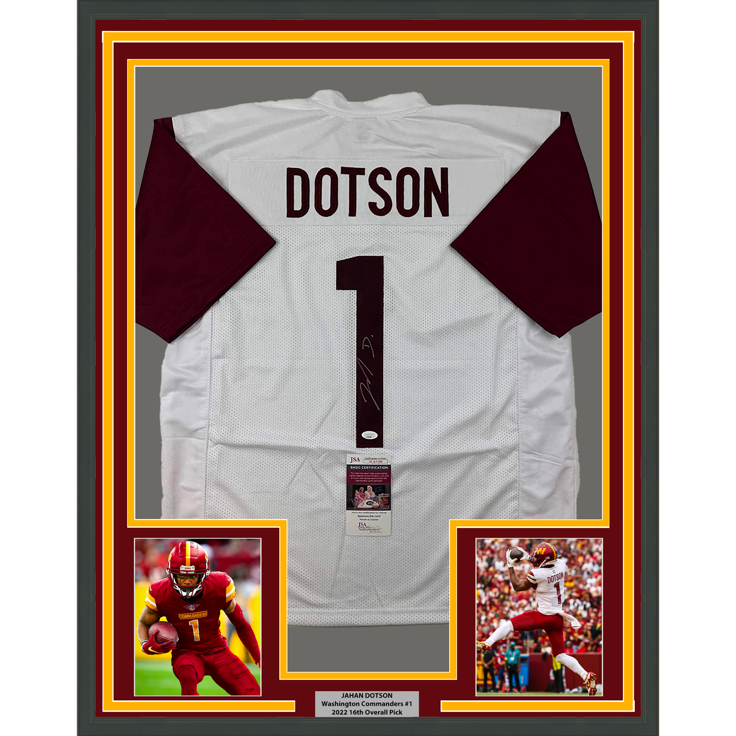 Framed Autographed/Signed Jahan Dotson 35x39 Washington White Football Jersey JSA COA