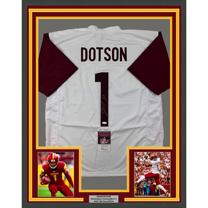Framed Autographed/Signed Jahan Dotson 35x39 Washington White Football Jersey JSA COA