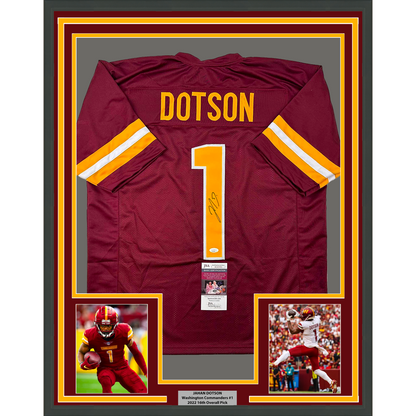 Framed Autographed/Signed Jahan Dotson 35x39 Washington Burgundy Football Jersey JSA COA