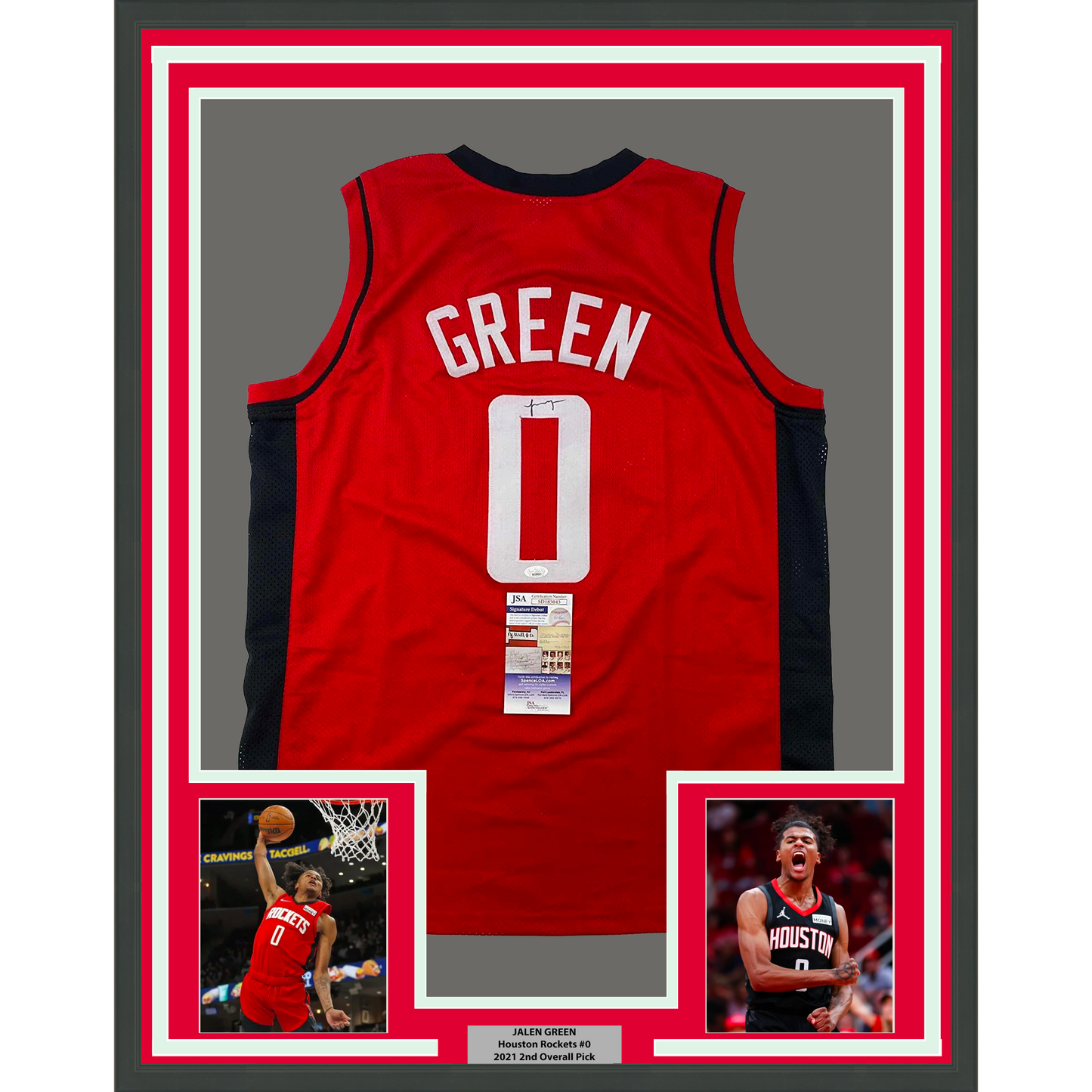 Framed Autographed/Signed Jalen Green 35x39 Houston Red Basketball Jersey JSA COA