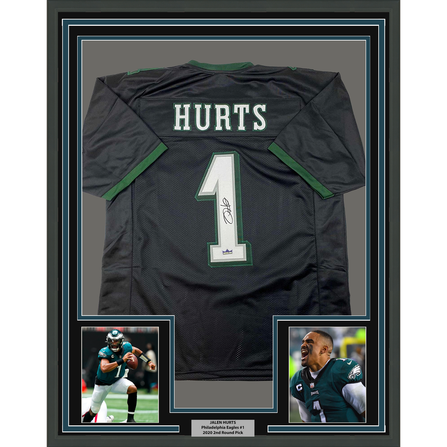Framed Facsimile Autographed Jalen Hurts 35x39 Philadelphia Black Reprint Laser Auto Football Jersey