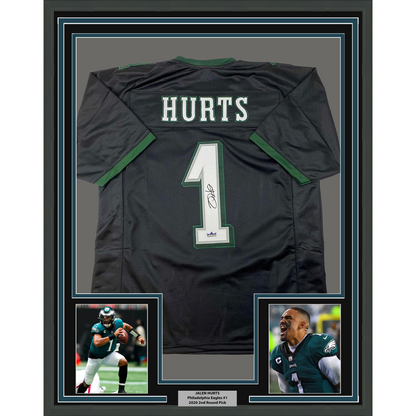 Framed Facsimile Autographed Jalen Hurts 35x39 Philadelphia Black Reprint Laser Auto Football Jersey