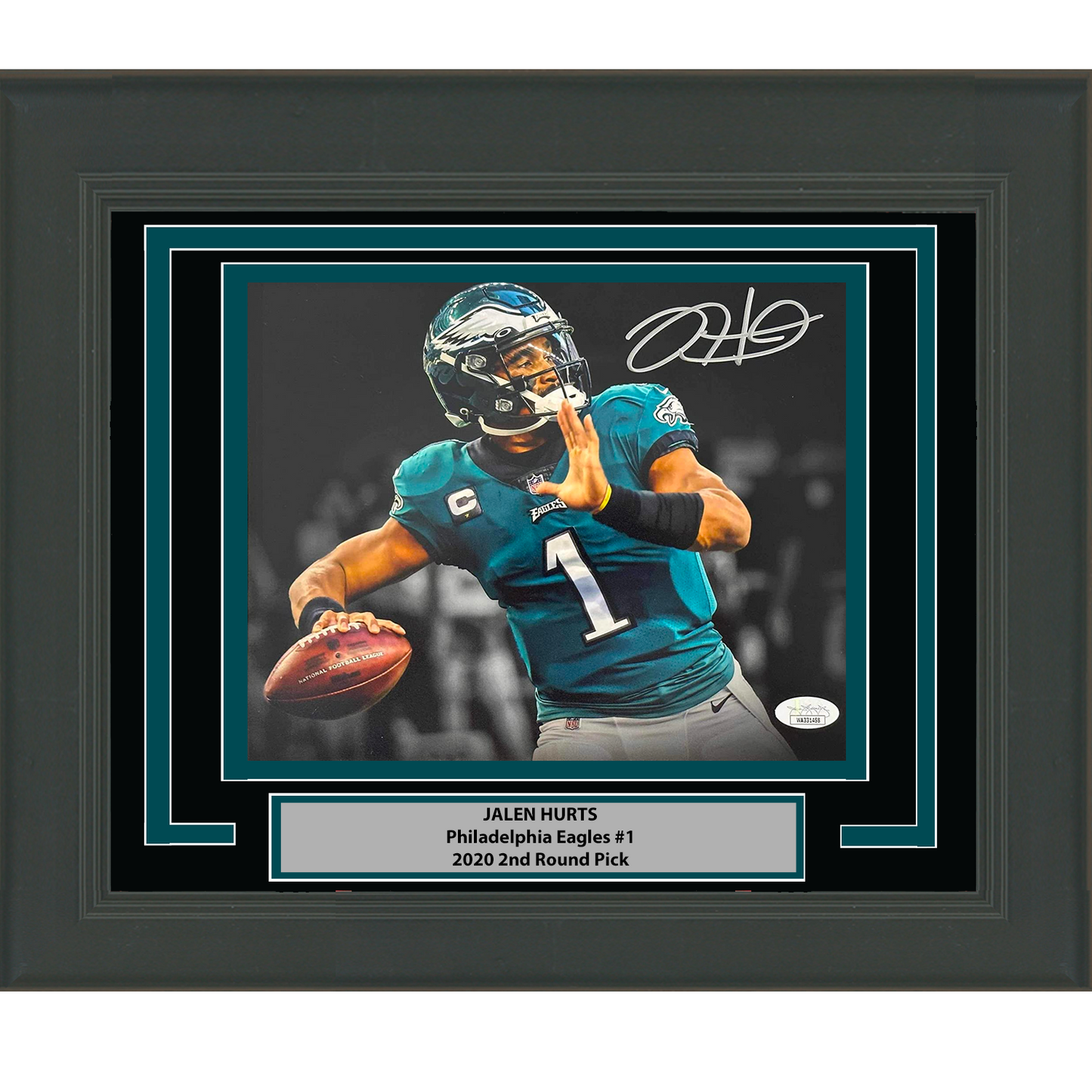 Framed Autographed/Signed Jalen Hurts Philadelphia Eagles 8x10 Football Photo JSA COA #5