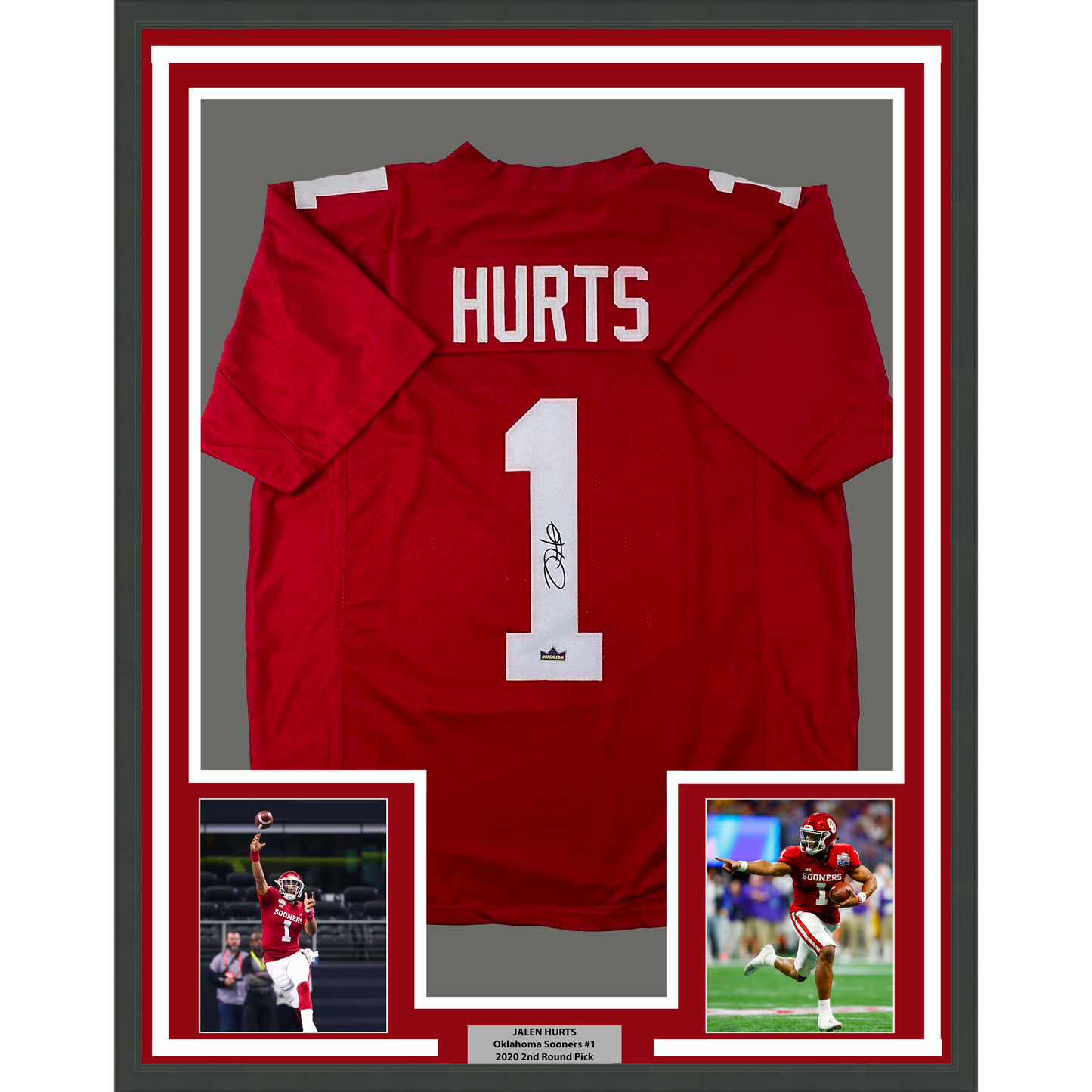 Framed Facsimile Autographed Jalen Hurts 35x39 Oklahoma Red Reprint Laser Auto College Football Jersey