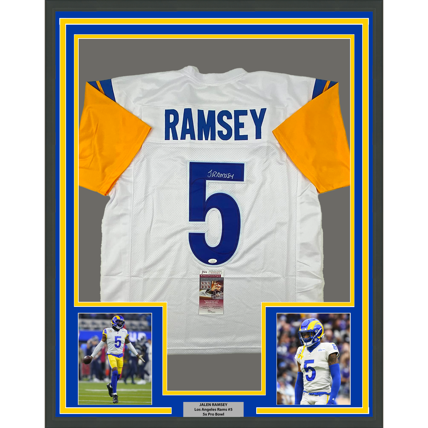 Framed Autographed/Signed Jalen Ramsey 35x39 Los Angeles LA White Football Jersey JSA COA
