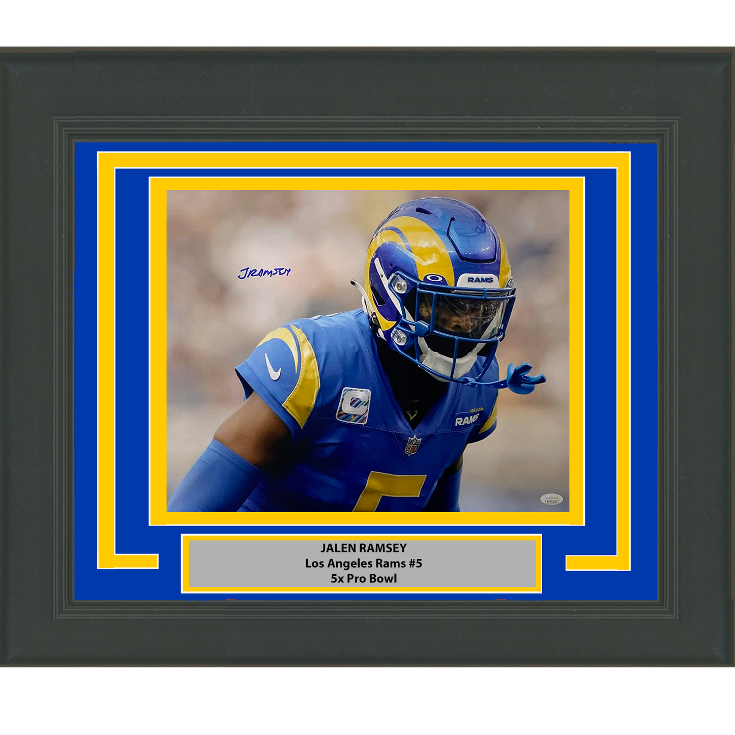 Framed Autographed/Signed Jalen Ramsey Los Angeles LA Rams 16x20 Football Photo JSA COA #5