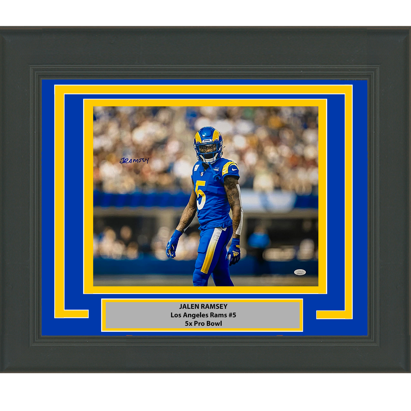 Framed Autographed/Signed Jalen Ramsey Los Angeles LA Rams 16x20 Football Photo JSA COA #4