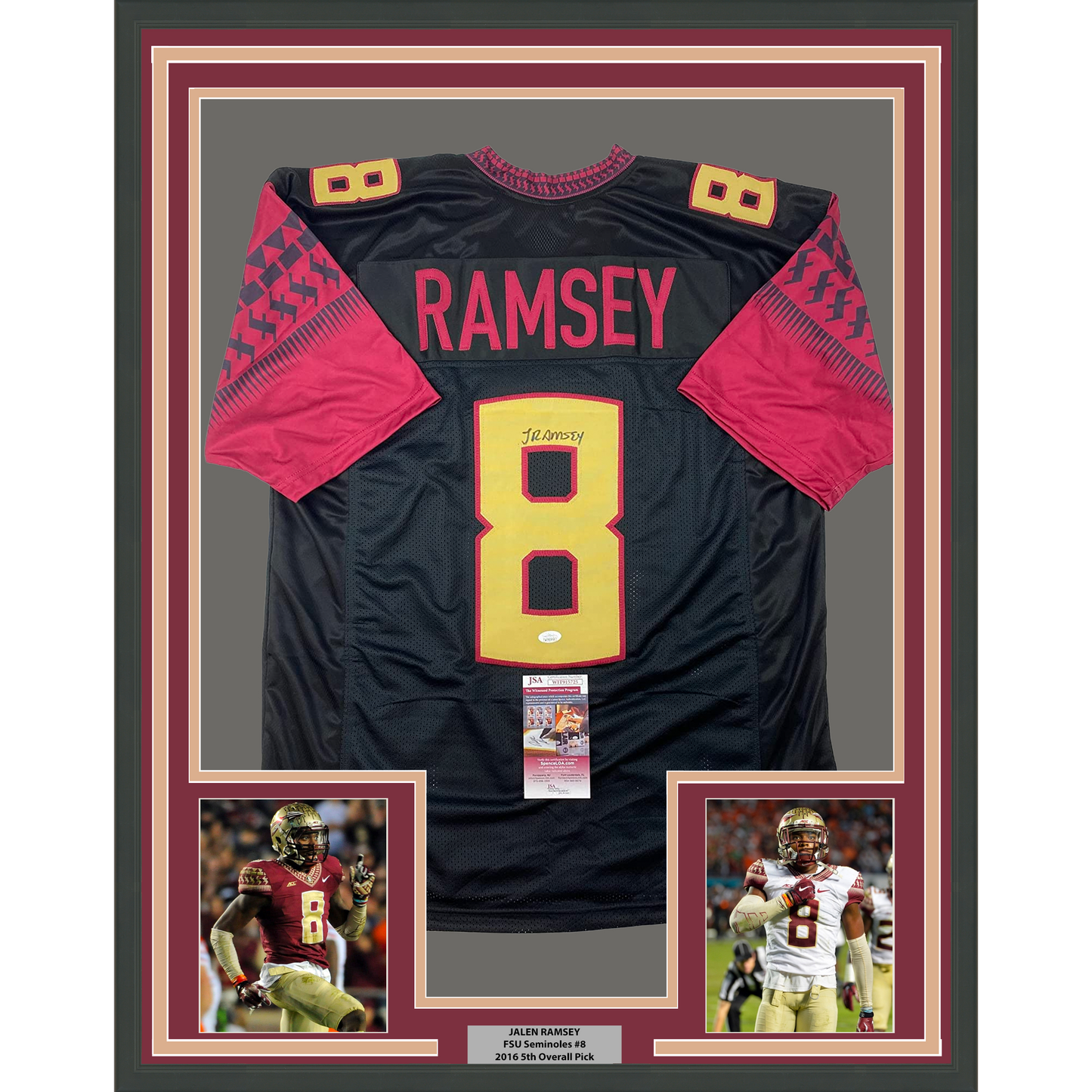 Framed Autographed/Signed Jalen Ramsey 35x39 Florida State FSU Black College Football Jersey JSA COA
