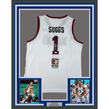 Framed Autographed/Signed Jalen Suggs 35x39 Gonzaga White College Basketball Jersey JSA COA