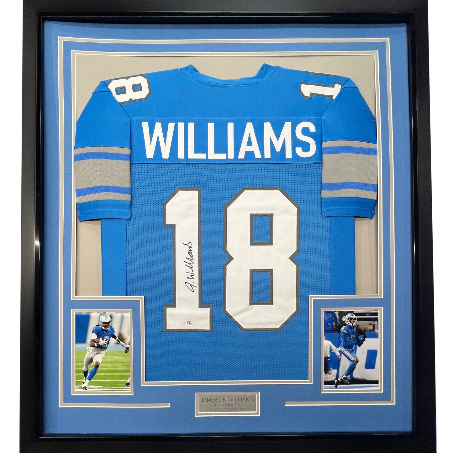Framed Autographed/Signed Jameson Williams 35x39 Detroit Blue Football Jersey JSA COA