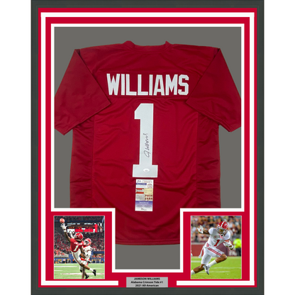 Framed Autographed/Signed Jameson Williams 35x39 Alabama Red College Football Jersey JSA COA