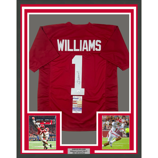 Framed Autographed/Signed Jameson Williams 35x39 Alabama Red College Football Jersey JSA COA