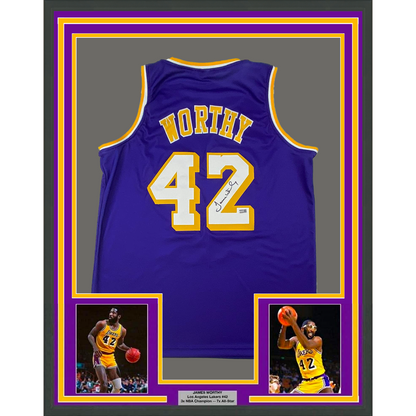 Framed Autographed/Signed James Worthy 35x39 Los Angeles LA Purple Basketball Jersey Steiner COA