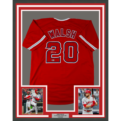 Framed Autographed/Signed Jared Walsh 35x39 Los Angeles Red Baseball Jersey Beckett BAS COA