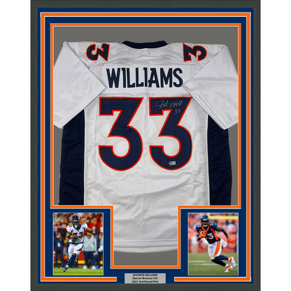 Framed Autographed/Signed Javonte Williams 35x39 Denver White Football Jersey Beckett BAS COA