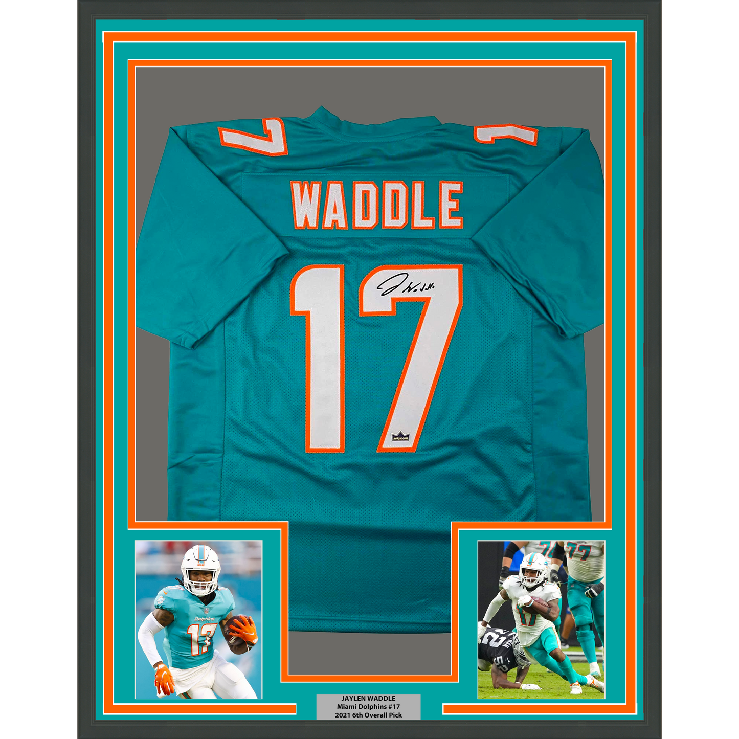 Framed Facsimile Autographed Jaylen Waddle 35x39 Miami Teal Reprint Laser Auto Football Jersey