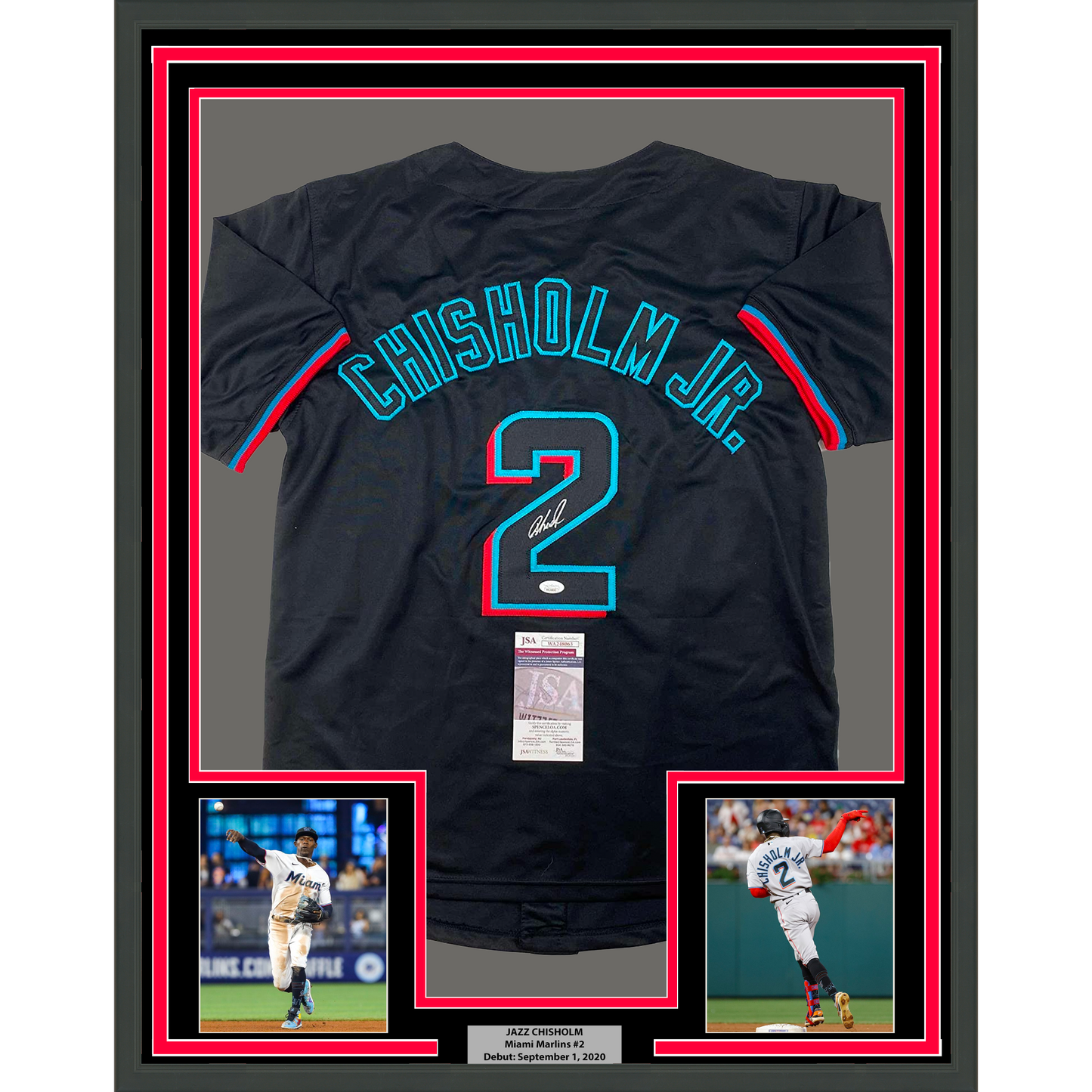 Framed Autographed/Signed Jazz Chisholm Jr. 35x39 Miami Black Baseball Jersey JSA COA