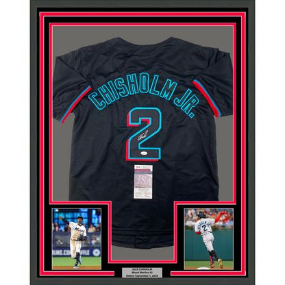 Framed Autographed/Signed Jazz Chisholm Jr. 35x39 Miami Black Baseball Jersey JSA COA